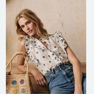 Sézane Caro Sleeveless Blue Embroidered Cotton & Linen Shirt (SOLD OUT)